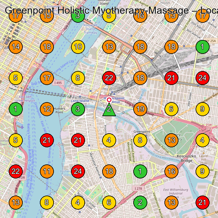 Greenpoint Holistic Myotherapy-Massage Massage Therapist GeoGrid ranking map for Brooklyn NY